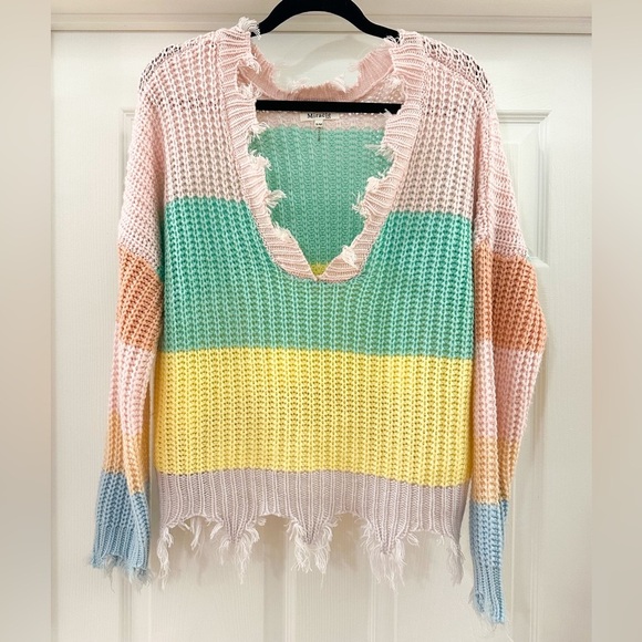 Miracle Destroyed Hem Color block V Neck Sweater sz Small Medium pink green blue - Picture 4 of 14